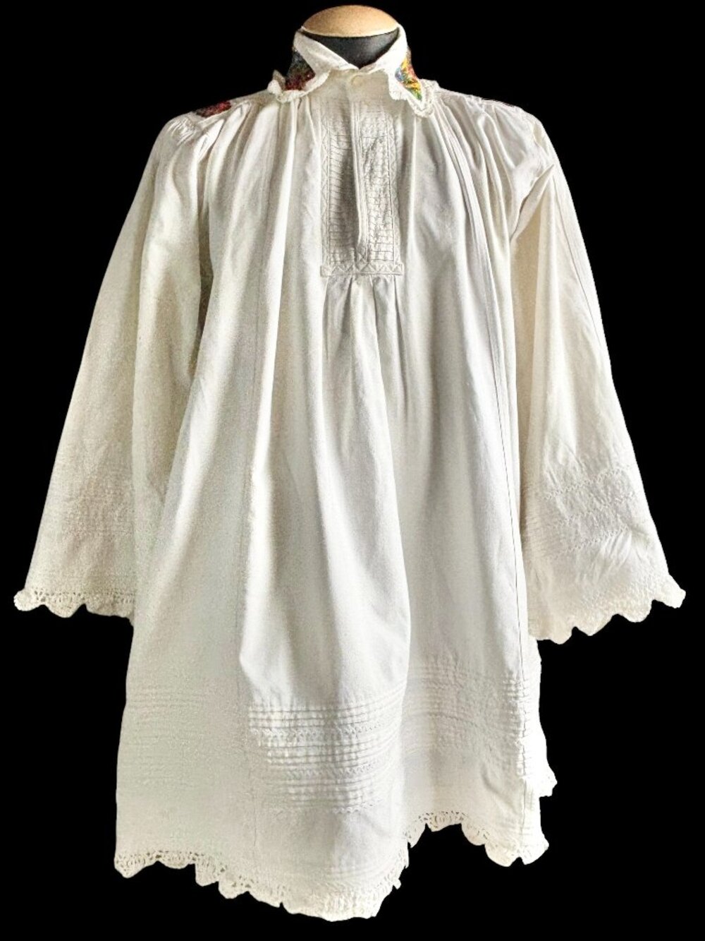 Vintage Men's Romanian Homespun Linen Beaded Wide Sleeve Folk Smock Shirt